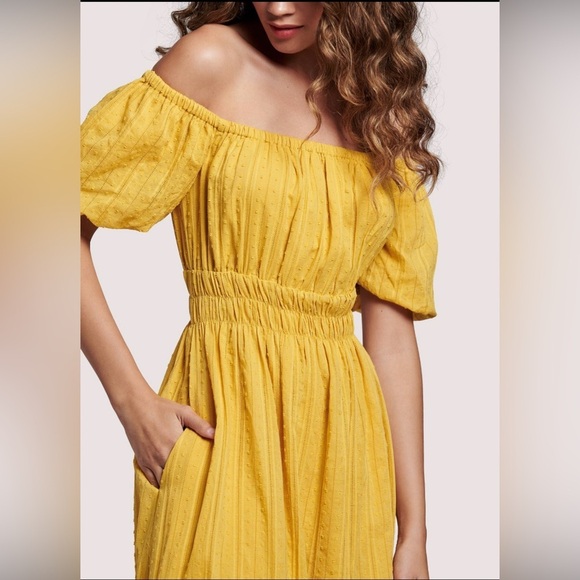 Lost + Wander Textured Midi Dress Yellow off Shoulder Puff Sleeve XS S M - Picture 3 of 11